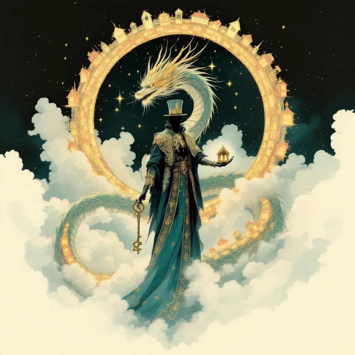 The keeper holding a key and a lit house, ringed by a dragon strung with house-lights